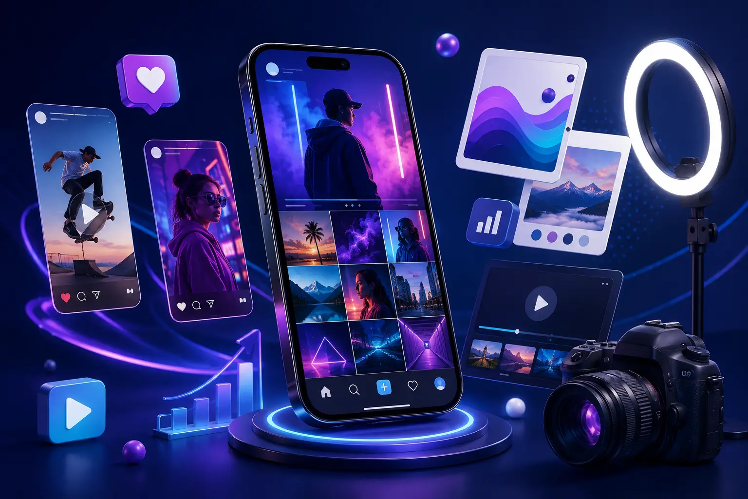 Equipo creativo produciendo contenido visual para redes sociales